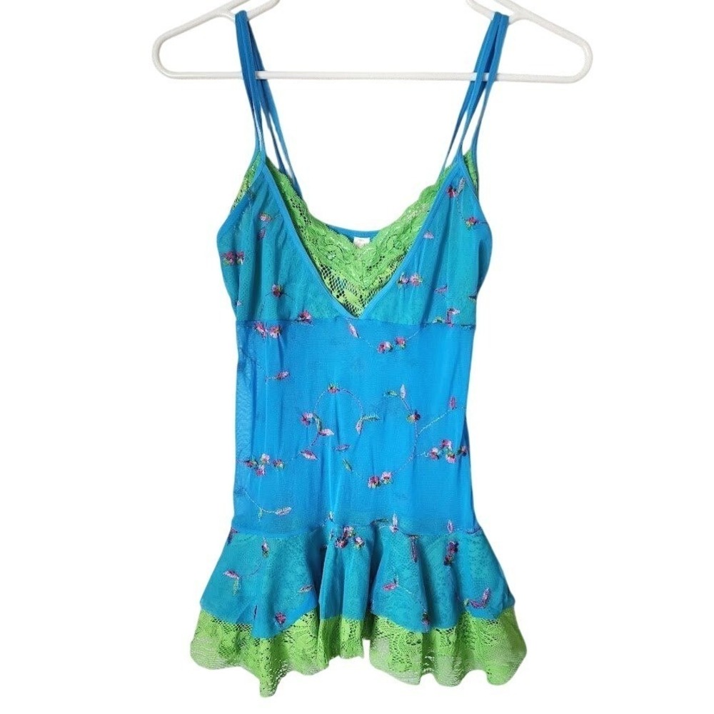 VICTORIA'S SECRET Y2K Mesh Lace Trim Floral Cami Top Blue Green Fairycore Mโ